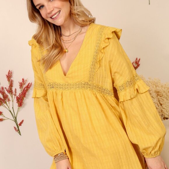 LUMIERE Gold Long Sleeve Romper with Ruffle Details, Boho Chic - Picture 5 of 9